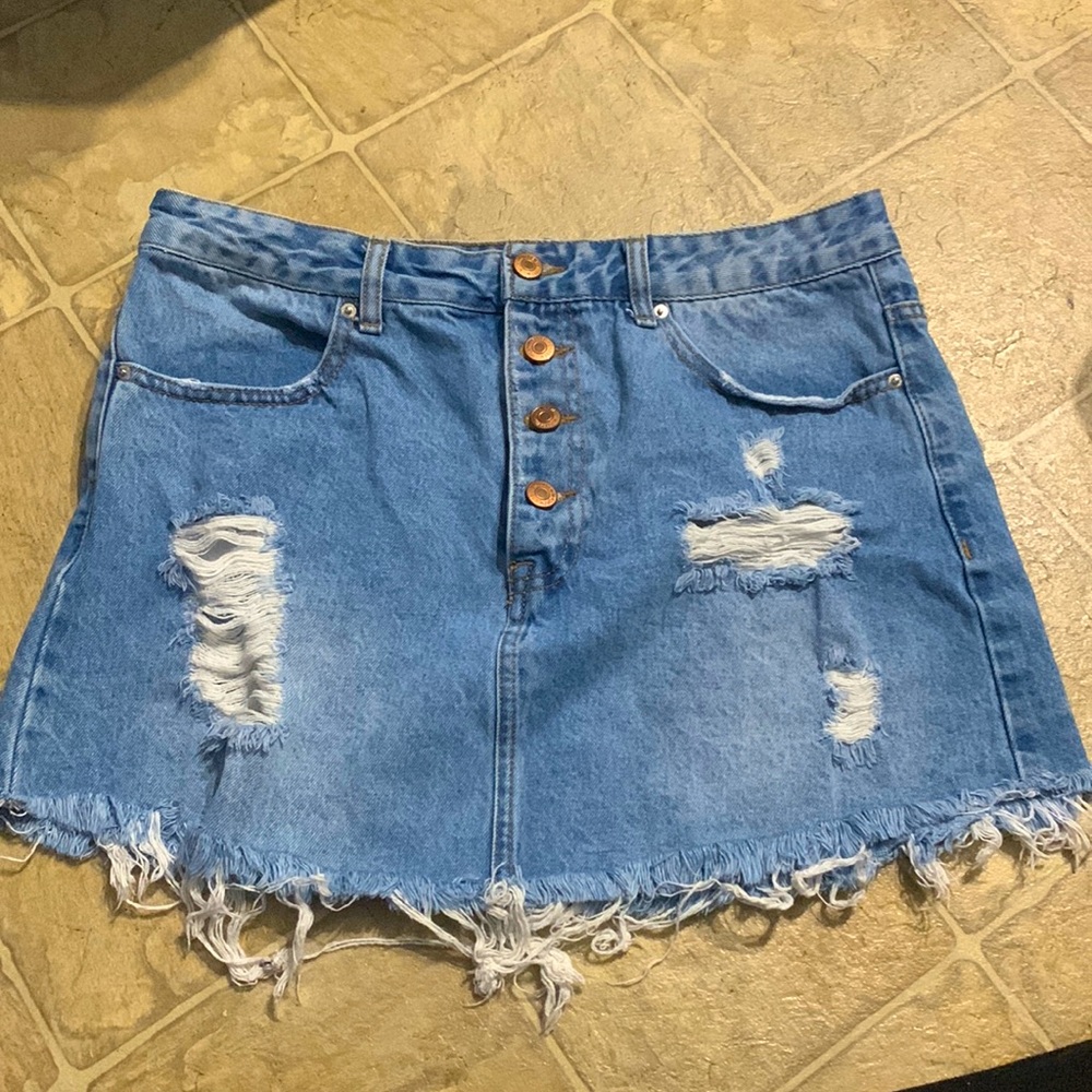 Ripped Denim Skirt -- High Waisted
